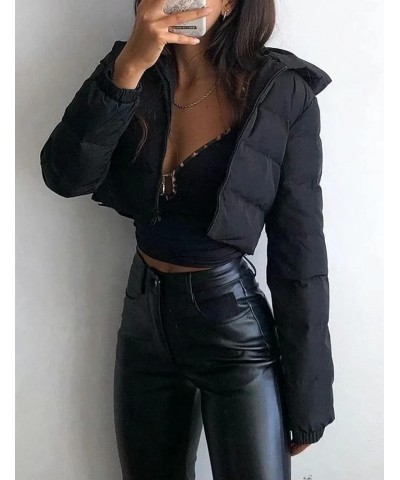 Womens Cropped Puffer Jacket Fashion Casual Hooded Zipper Long Sleeve Winter Warm Bubble Coat Black $15.75 Jackets