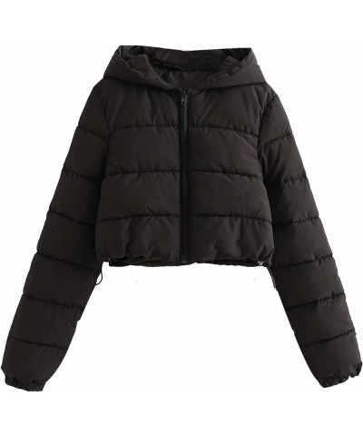 Womens Cropped Puffer Jacket Fashion Casual Hooded Zipper Long Sleeve Winter Warm Bubble Coat Black $15.75 Jackets