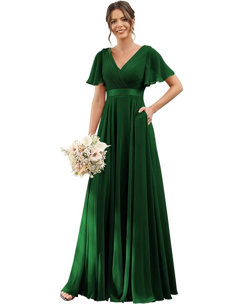 Women's V Neck Bridesmaid Dresses Flutter Sleeves Ruched Chiffon Long Formal Dress with Pockets CM113 Emerald $25.38 Dresses