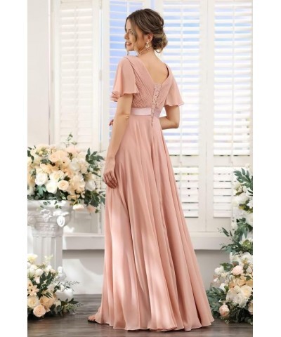 Women's V Neck Bridesmaid Dresses Flutter Sleeves Ruched Chiffon Long Formal Dress with Pockets CM113 Emerald $25.38 Dresses