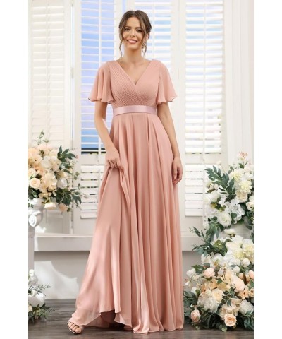 Women's V Neck Bridesmaid Dresses Flutter Sleeves Ruched Chiffon Long Formal Dress with Pockets CM113 Emerald $25.38 Dresses