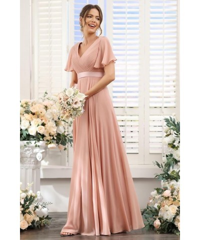 Women's V Neck Bridesmaid Dresses Flutter Sleeves Ruched Chiffon Long Formal Dress with Pockets CM113 Emerald $25.38 Dresses