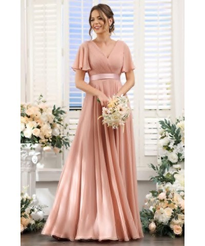 Women's V Neck Bridesmaid Dresses Flutter Sleeves Ruched Chiffon Long Formal Dress with Pockets CM113 Emerald $25.38 Dresses