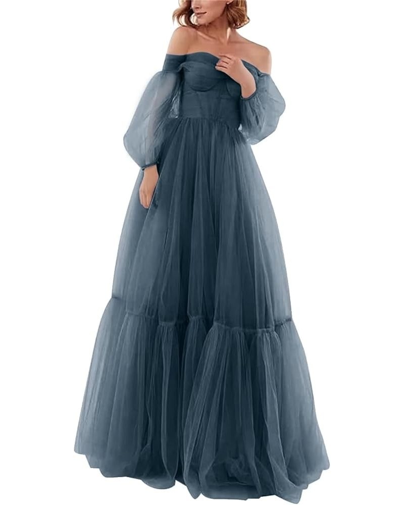 Off Shoulder Tulle Prom Dresses Puffy Sleeve Long Sweetheart A-Line Formal Evening Party Gowns Navy Blue $38.22 Dresses