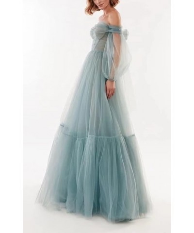 Off Shoulder Tulle Prom Dresses Puffy Sleeve Long Sweetheart A-Line Formal Evening Party Gowns Navy Blue $38.22 Dresses