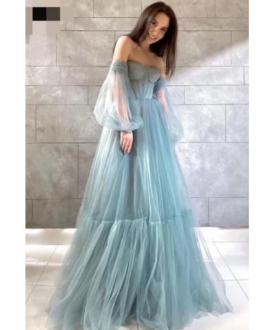 Off Shoulder Tulle Prom Dresses Puffy Sleeve Long Sweetheart A-Line Formal Evening Party Gowns Navy Blue $38.22 Dresses