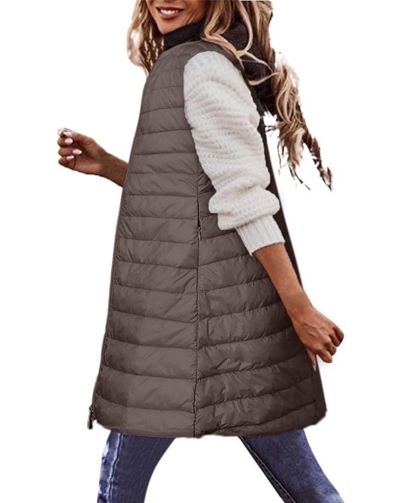 Puffer Vest for Women Winter Warm Quilted Zipper Coats Plus Size Sleeveless Hooded Jacket Outdoor Mid-Long Down Vests 01 Khak...