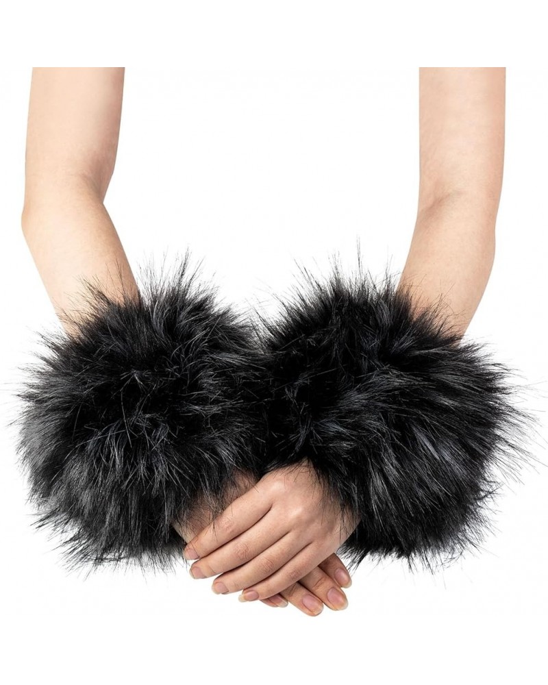 Plush Fluffy Imitation Faux Fox Fur Bracelet Wristband Sleeve Ring Cuffs Warmer Black Jacquard $8.79 Coats