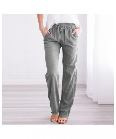 2023 Linen Pants Women Summer Straight Leg Elastic Casual Loose Trousers Drawstring Comfortable Pant with Pockets E-grey $3.5...