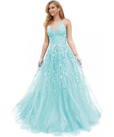 Glitter Tulle Prom Dresses Long Ball Gown Lace Appliques V Neck Prom Dress for Women Formal Evening Party Gown Baby Blue $37....