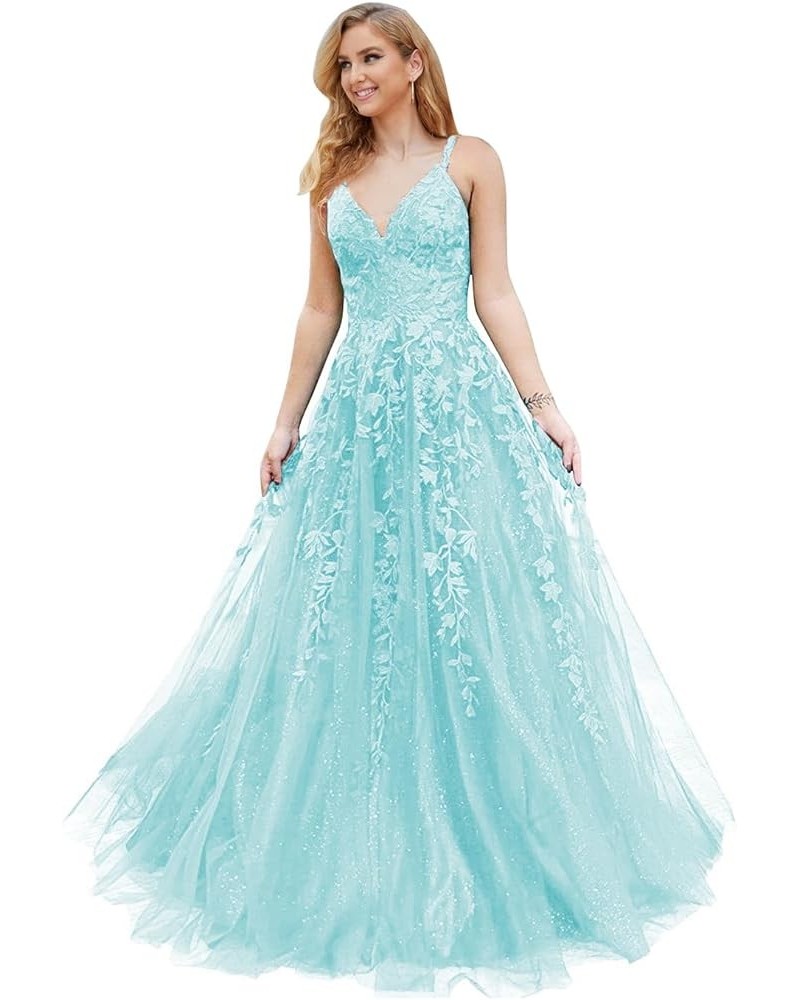 Glitter Tulle Prom Dresses Long Ball Gown Lace Appliques V Neck Prom Dress for Women Formal Evening Party Gown Baby Blue $37....