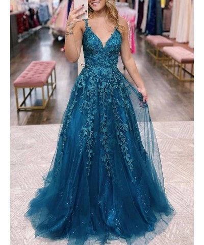 Glitter Tulle Prom Dresses Long Ball Gown Lace Appliques V Neck Prom Dress for Women Formal Evening Party Gown Baby Blue $37....