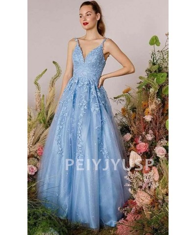 Glitter Tulle Prom Dresses Long Ball Gown Lace Appliques V Neck Prom Dress for Women Formal Evening Party Gown Baby Blue $37....