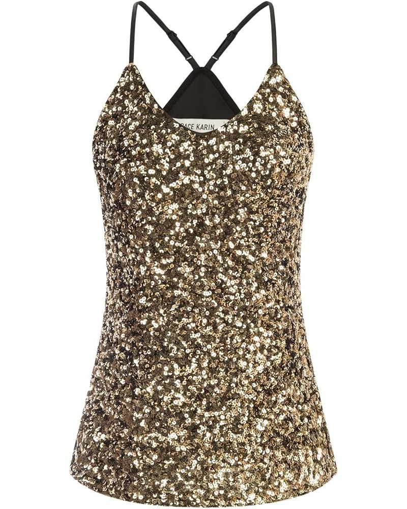 Women's Sleeveless Sparkle Shimmer Camisole Vest Sequin Tank Tops Black Gold $13.72 Tanks