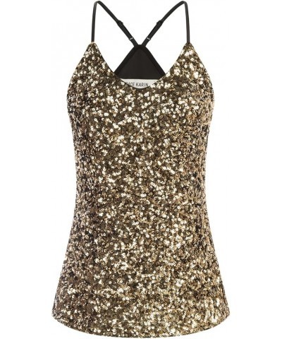 Women's Sleeveless Sparkle Shimmer Camisole Vest Sequin Tank Tops Black Gold $13.72 Tanks