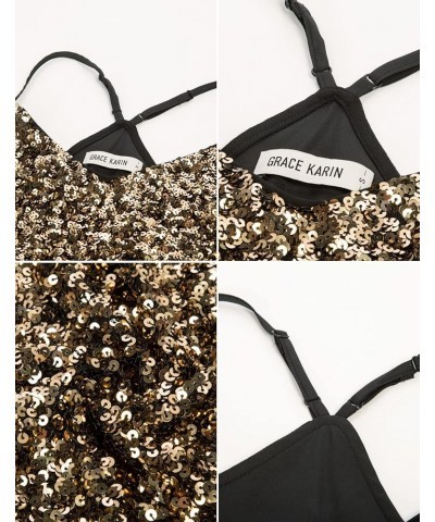 Women's Sleeveless Sparkle Shimmer Camisole Vest Sequin Tank Tops Black Gold $13.72 Tanks