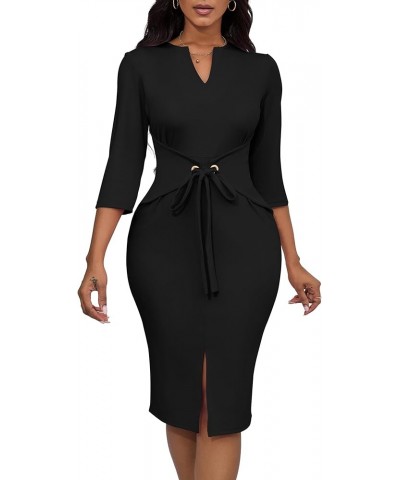 Women's Vintage Dresses 3/4 Sleeve V-Neck Bodycon Pencil Midi Work Church Dress with Belt Black $21.41 Dresses