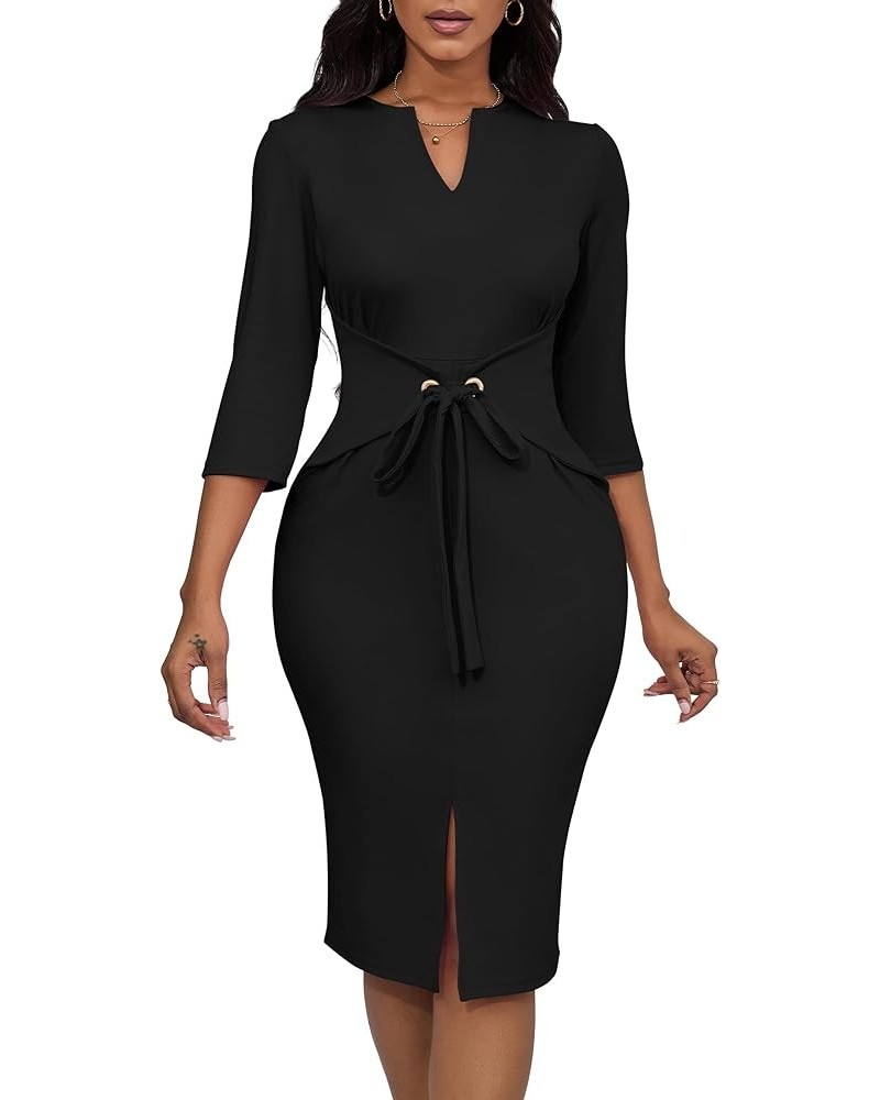 Women's Vintage Dresses 3/4 Sleeve V-Neck Bodycon Pencil Midi Work Church Dress with Belt Black $21.41 Dresses