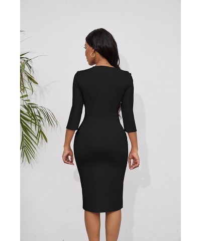 Women's Vintage Dresses 3/4 Sleeve V-Neck Bodycon Pencil Midi Work Church Dress with Belt Black $21.41 Dresses