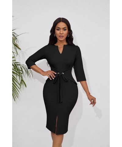 Women's Vintage Dresses 3/4 Sleeve V-Neck Bodycon Pencil Midi Work Church Dress with Belt Black $21.41 Dresses