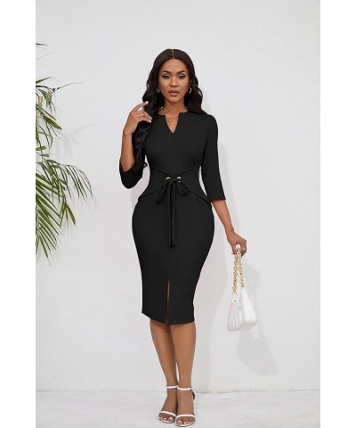 Women's Vintage Dresses 3/4 Sleeve V-Neck Bodycon Pencil Midi Work Church Dress with Belt Black $21.41 Dresses