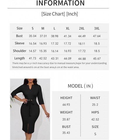 Women's Vintage Dresses 3/4 Sleeve V-Neck Bodycon Pencil Midi Work Church Dress with Belt Black $21.41 Dresses