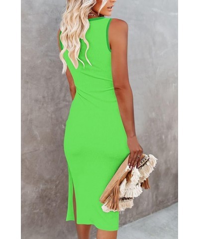 Womens Summer Bodycon Dresses Crew Neck Cutout Midi Dress Casual Slit Sleeveless Ribbed Knit Pencil Dress Lake Green & Green ...