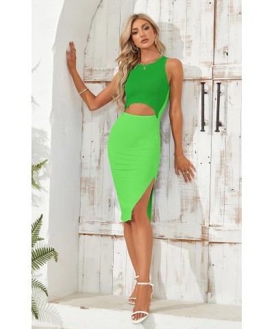 Womens Summer Bodycon Dresses Crew Neck Cutout Midi Dress Casual Slit Sleeveless Ribbed Knit Pencil Dress Lake Green & Green ...