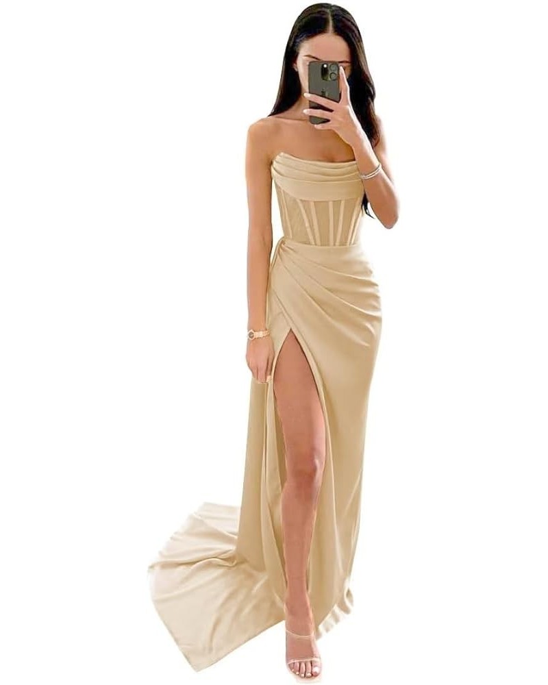 Mermaid Bridesmaid Dresses Long with Slit 2023 Strapless Satin Formal Party Dress NO110 Champagne $29.63 Dresses