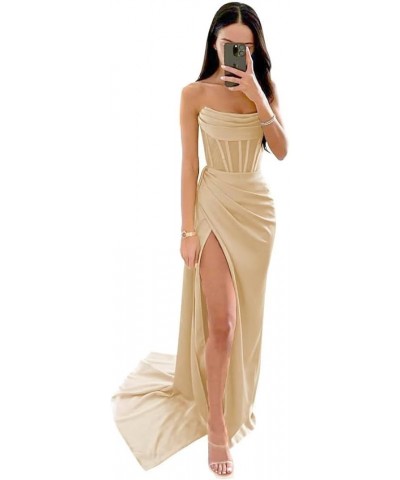 Mermaid Bridesmaid Dresses Long with Slit 2023 Strapless Satin Formal Party Dress NO110 Champagne $29.63 Dresses