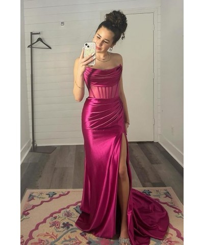 Mermaid Bridesmaid Dresses Long with Slit 2023 Strapless Satin Formal Party Dress NO110 Champagne $29.63 Dresses