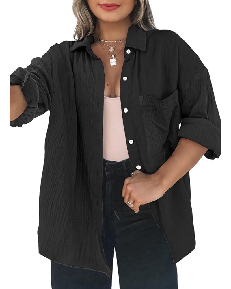 Womens Plus Size Button Down Shirts Color Block Long Sleeve Oversized Blouses Tops(1X-5X) T Black $17.22 Blouses