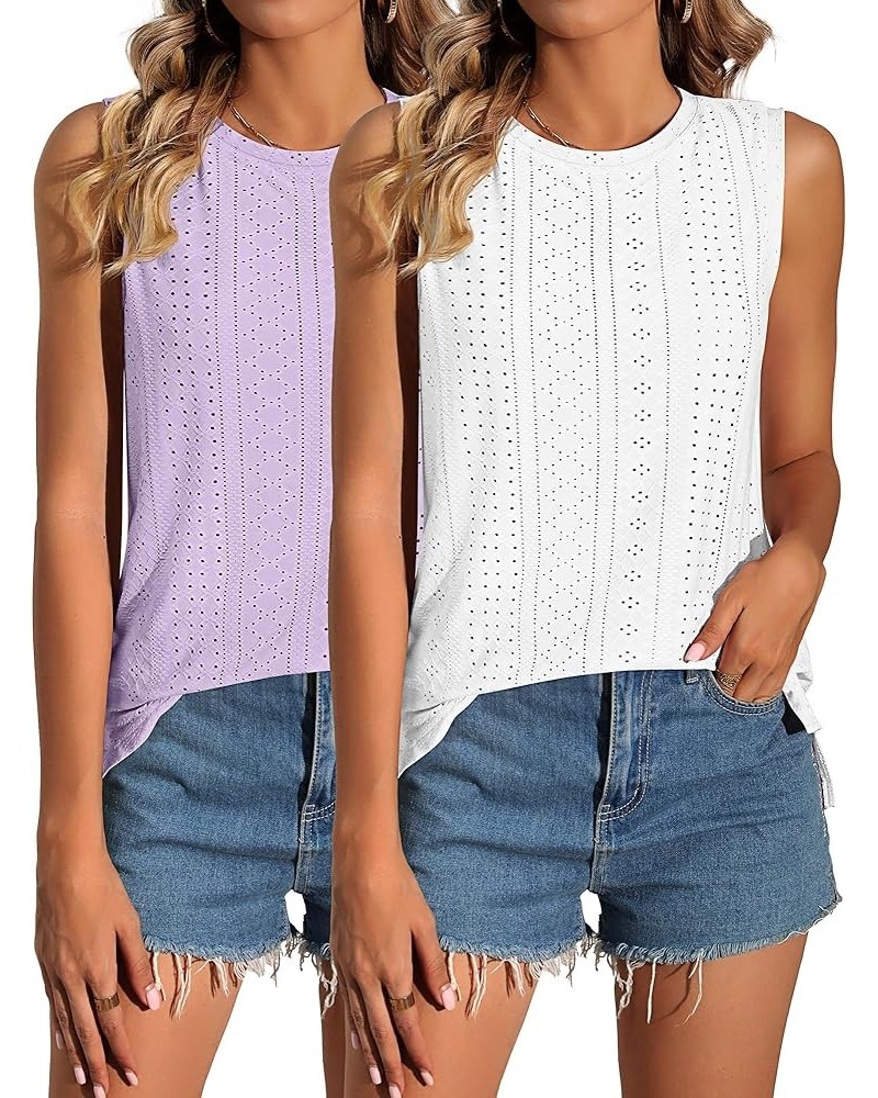 2 Pack Women's Sleeveless Shirts, Eyelet Loose Fit Tank Tops Casual T Shirts Summer Ladies Crew Neck Tunic T Tops Light Purpl...