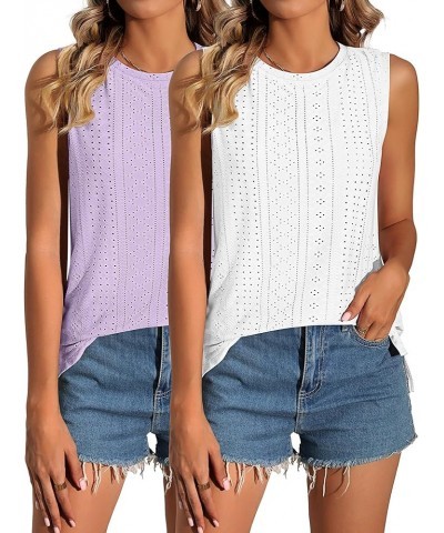 2 Pack Women's Sleeveless Shirts, Eyelet Loose Fit Tank Tops Casual T Shirts Summer Ladies Crew Neck Tunic T Tops Light Purpl...