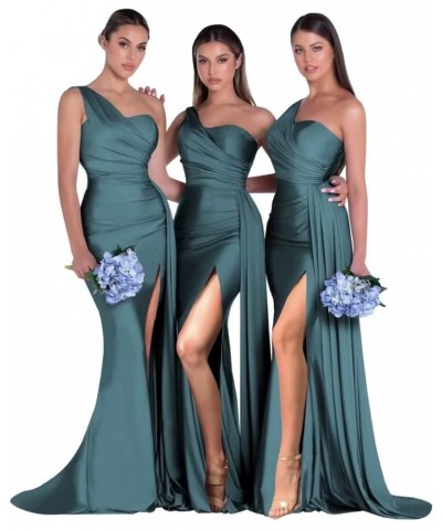 One Shoulder Mermaid Bridesmaid Dresses Satin Bodycon Prom Dress Long Formal Evening Gowns with Slit Peacock $20.40 Dresses