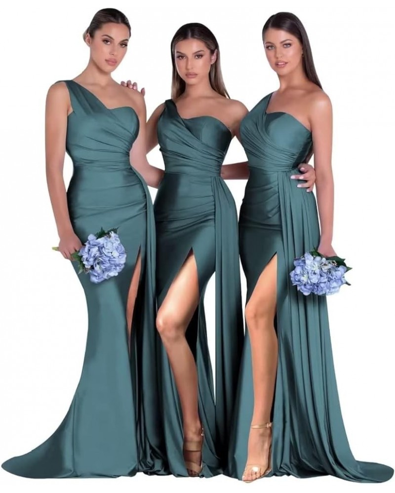 One Shoulder Mermaid Bridesmaid Dresses Satin Bodycon Prom Dress Long Formal Evening Gowns with Slit Peacock $20.40 Dresses