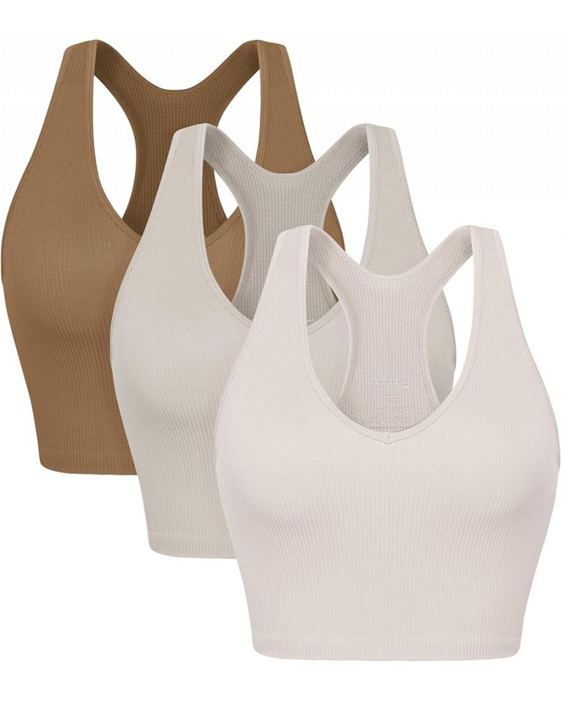 3-Pack Seamless Racerback Crop Tank for Women Ribbed Knit Soft Crop Tops Ivory+star White+ermine (Crop) $15.04 Activewear