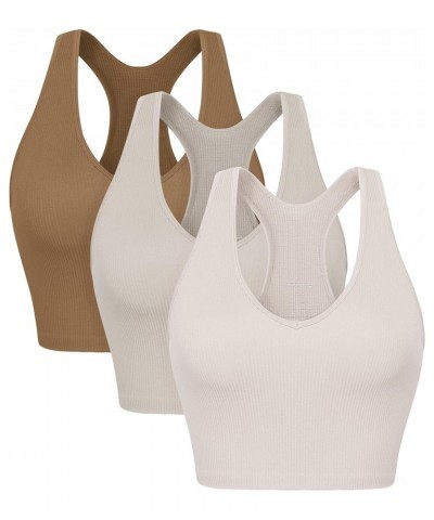 3-Pack Seamless Racerback Crop Tank for Women Ribbed Knit Soft Crop Tops Ivory+star White+ermine (Crop) $15.04 Activewear