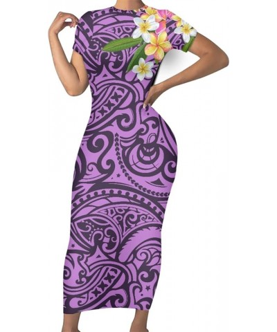 Women's Polynesian Tribal Printed Summer Dresses Casual Wrap Ruched Bodycon Party Pencil Dress Purple Polynesian Plumeria $15...