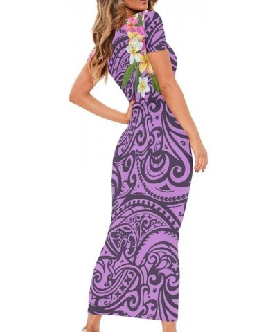 Women's Polynesian Tribal Printed Summer Dresses Casual Wrap Ruched Bodycon Party Pencil Dress Purple Polynesian Plumeria $15...