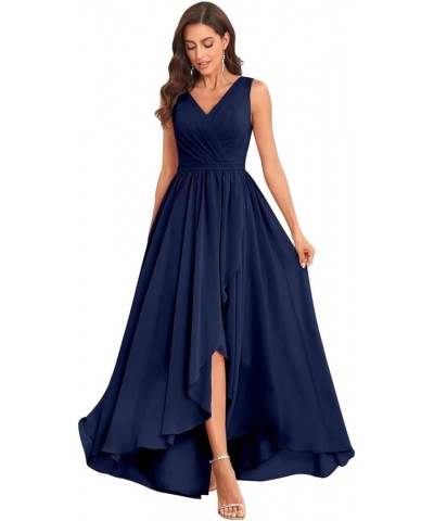 Bridesmaid Dresses High Low V Neck Chiffon Long Formal Dresses with Pockets Evening Gown Ruched for Wedding Navy Blue $28.59 ...