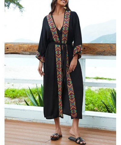 Beach Kimono Cardigans for Women Long Sleeve Bikini Cover Up V-neck Bathing Suit Cover Up Black $17.28 Swimsuits