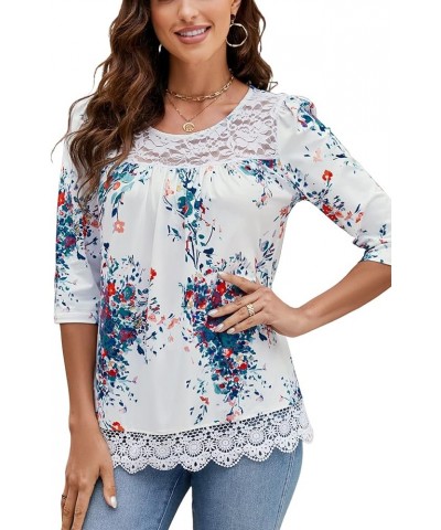 Womens 3/4 Sleeve Tunic Tops Casual Loose Shirts Lace Panel Floral Pleated Blouse Summer 2024 White $14.24 Tops