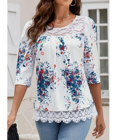 Womens 3/4 Sleeve Tunic Tops Casual Loose Shirts Lace Panel Floral Pleated Blouse Summer 2024 White $14.24 Tops