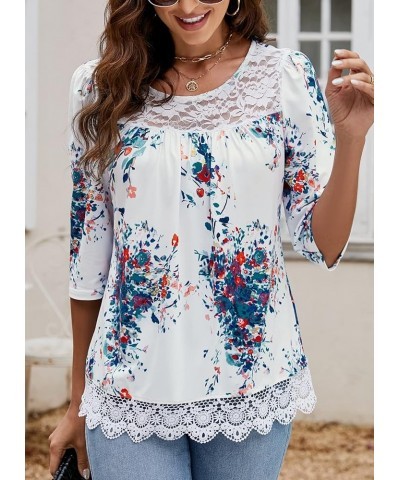 Womens 3/4 Sleeve Tunic Tops Casual Loose Shirts Lace Panel Floral Pleated Blouse Summer 2024 White $14.24 Tops