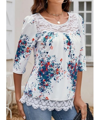 Womens 3/4 Sleeve Tunic Tops Casual Loose Shirts Lace Panel Floral Pleated Blouse Summer 2024 White $14.24 Tops