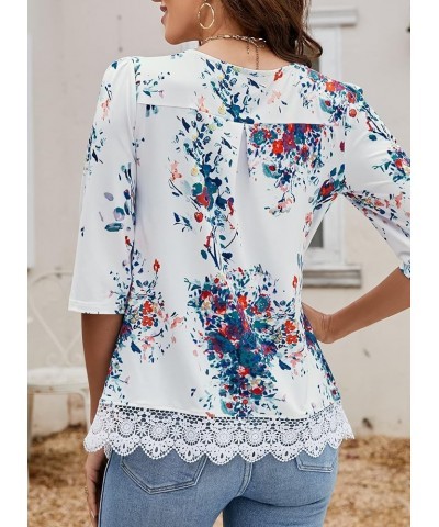 Womens 3/4 Sleeve Tunic Tops Casual Loose Shirts Lace Panel Floral Pleated Blouse Summer 2024 White $14.24 Tops