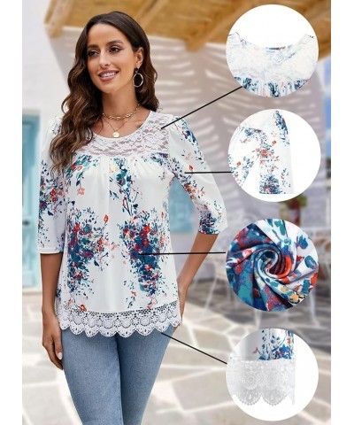 Womens 3/4 Sleeve Tunic Tops Casual Loose Shirts Lace Panel Floral Pleated Blouse Summer 2024 White $14.24 Tops