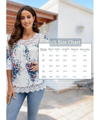 Womens 3/4 Sleeve Tunic Tops Casual Loose Shirts Lace Panel Floral Pleated Blouse Summer 2024 White $14.24 Tops