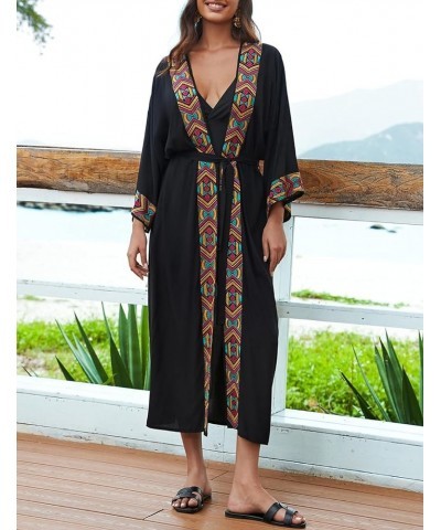 Beach Kimono Cardigans for Women Long Sleeve Bikini Cover Up V-neck Bathing Suit Cover Up Black $17.28 Swimsuits